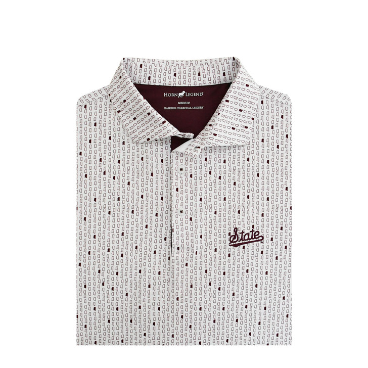 Mississippi State Baseball Script White Micro State Print Polo
