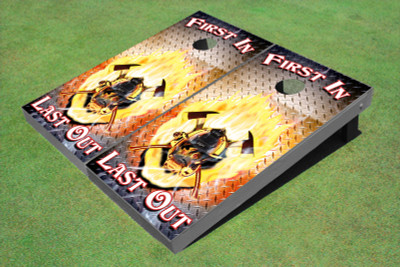 Custom Fire Fighter "First In Last Out" THemed Graphic Cornhole Board Set Custom Fire Fighter "First In Last Out" THemed Graphic Cornhole Board Set