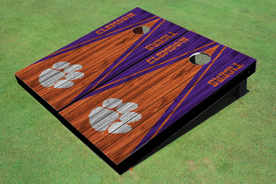 Clemson University Orange And Purple Wood Look Matching Triangle Cornhole Boards