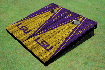 Louisiana State University Gold and Purple Matching Wood Look Triangle Cornhole Boards Louisiana State University Gold and Purple Matching Wood Look Triangle Cornhole Boards