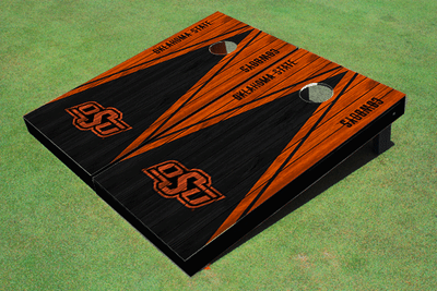 Oklahoma State University Black and Orange Matching Wood Look Triangle Cornhole Boards Oklahoma State University Black and Orange Matching Wood Look Triangle Cornhole Boards