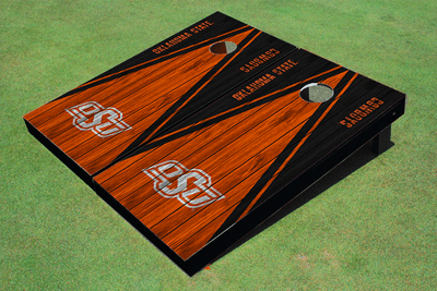 Oklahoma State University Orange and Black Matching Wood Look Triangle Cornhole Boards Oklahoma State University Orange and Black Matching Wood Look Triangle Cornhole Boards