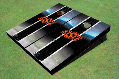 Oklahoma State University Field Long Stripe Matching Black Themed Cornhole Boards