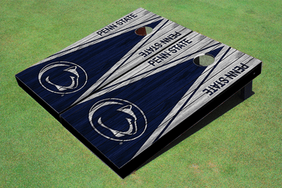 Penn State University Nittany Lions Navy Blue and White Matching Wood Look Triangle Cornhole Boards Penn State University Nittany Lions Navy Blue and White Matching Wood Look Triangle Cornhole Boards