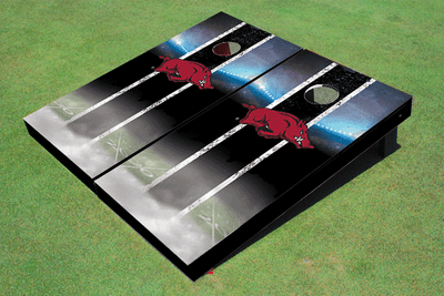 University Of Arkansas Field Long Stripe Matching Black Themed Cornhole Boards