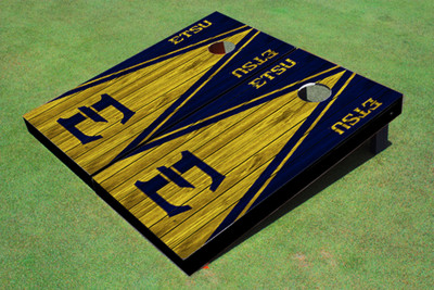 East Tennessee State University E  Yellow and Navy Matching Wood Look Triangle Cornhole Boards