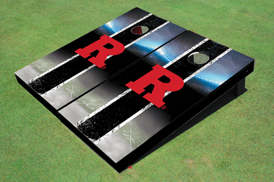 Rutgers University Field Long Stripe Matching Black Themed Cornhole Boards