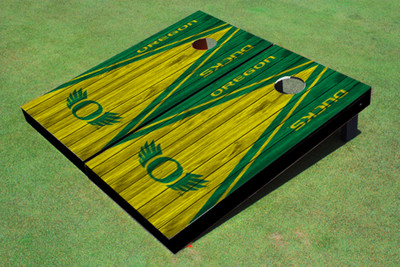 University of  Oregon "Wings" Yellow and Hunter Matching Wood Look Triangle Cornhole Boards University of  Oregon "Wings" Yellow and Hunter Matching Wood Look Triangle Cornhole Boards