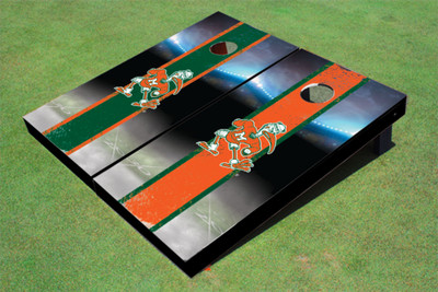 University Of Miami "Sebastian The Ibis" Alternating Field Long Stripe Themed Cornhole Boards
