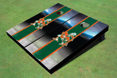 University Of Miami "Sebastian The Ibis" Matching Hunter Field Long Stripe Themed Cornhole Boards