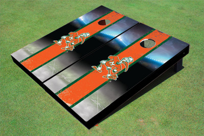 University Of Miami "Sebastian The Ibis" Matching Orange Field Long Stripe Themed Cornhole Boards