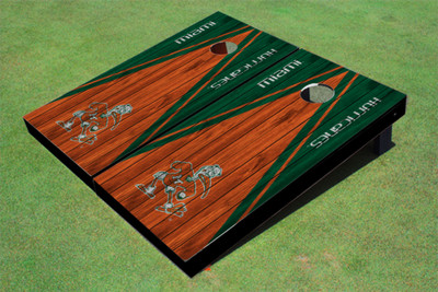 University Of Miami "Sebastian The Ibis" Orange and Hunter Matching Wood Look Triangle Cornhole Boards University Of Miami "Sebastian The Ibis" Orange and Hunter Matching Wood Look Triangle Cornhole Boards