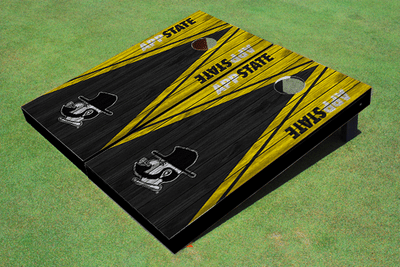 Appalachian State University "Yosef" Black and Yellow Matching Wood Look Triangle Cornhole Boards Appalachian State University "Yosef" Black and Yellow Matching Wood Look Triangle Cornhole Boards