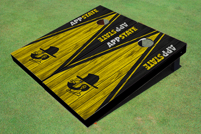 Appalachian State University "Yosef" Yellow and Black Matching Wood Look Triangle Cornhole Boards Appalachian State University "Yosef" Yellow and Black Matching Wood Look Triangle Cornhole Boards