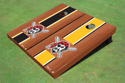 Pittsburgh Pirates Head Rosewood Alternating Long Stripe Cornhole Boards Pittsburgh Pirates Head Rosewood Alternating Long Stripe Cornhole Boards