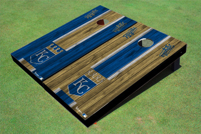 Kansas City Royals KC Shield Alternating Wood Look Long Stripe Custom Cornhole Boards Kansas City Royals KC Shield Alternating Wood Look Long Stripe Custom Cornhole Boards