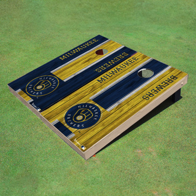 Milwaukee Brewers Ball N Glove Alternating Wood Look Long Stripe Custom Cornhole Boards