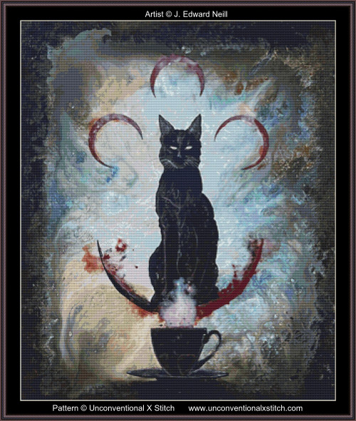 A black cat sitting before a black teacup and multiple crescent moons surrounding the cat. 