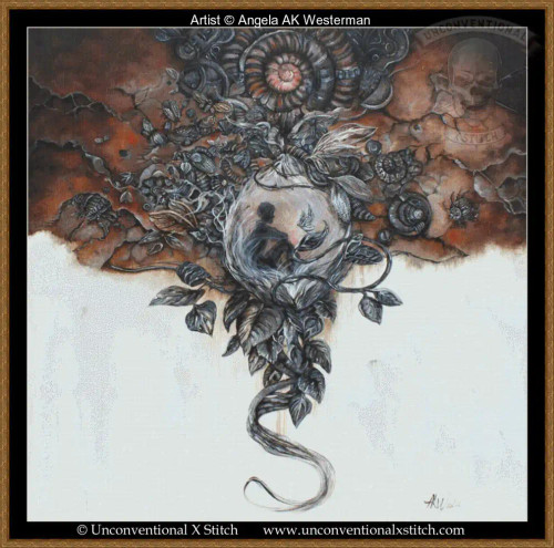 The image is a surreal artwork featuring a complex amalgamation of organic and mechanical elements. At the center, an orb with a reflective surface encloses silhouettes of two figures, creating an ethereal focal point. The orb is surrounded by intricate layers of leaves and vines, which twist and cascade downwards. In the background, a textured, earth-toned surface is interspersed with spirals and gear-like forms, giving an impression of both natural and industrial motifs merging. The overall color palette consists of browns, grays, and blacks, with subtle highlights providing depth and contrast. The image is bordered by a thin black line with a gold-trimmed frame.