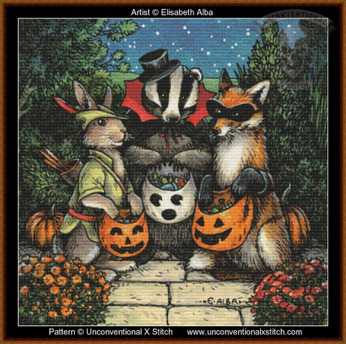 a cross-stitch pattern of three animals dressed in Halloween costumes, standing outdoors on a stone pathway. On the left, a rabbit wears a robin hood outfit complete with a hat and archer’s bow, holding a pumpkin-shaped basket filled with candy. In the centre, a badger is dressed as a vampire wearing a top hat a red cape and holding a ghost-themed bucket filled with treats. On the right, a fox wear a black mask and holds its own pumpkin basket filled with candy. 