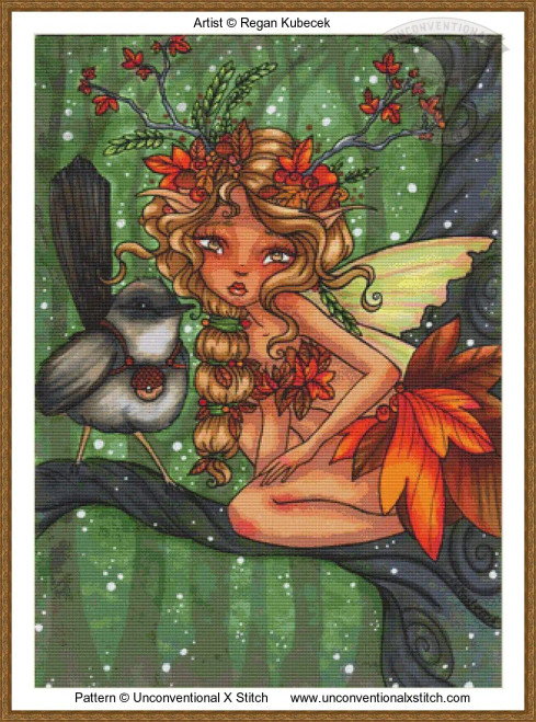 Cross-stitch pattern of a whimsical scene of a fairy sitting atop a dark, swirling branch against a green forest backdrop with light dots depicting magical sparkles. The fairy has long, curly blonde hair adorned with red and orange leaves and berries. Her wings are translucent, tinted with light green and yellow hues. She wears an outfit made of red flowers and leaves, matching her hair decoration. Next to her is a small bird with a plump body and grey feathers, featuring a dark head and light belly. The bird perches gently on the same branch, giving a sense of harmony in the scene.
