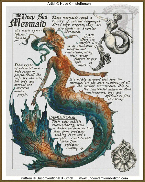 Cross-stitch pattern of an artistic depiction of a mermaid labelled as the "Deep Sea Mermaid." The mermaid has a humanoid upper body with an elaborate fin extending from her waist, displaying a mixture of vibrant colors including orange, teal, and blue. Her hair flows as if underwater, resembling marine vegetation. A smaller, monochromatic illustration of another mermaid is situated toward the top right corner. Surrounding the main image, various paragraphs of text provide information about the mermaids' characteristics, language, diet, camouflage abilities, and behaviour. An intricate shell design is located at the bottom right.
