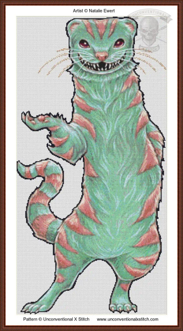 a whimsical cross stitch of a green Cheshire ferret