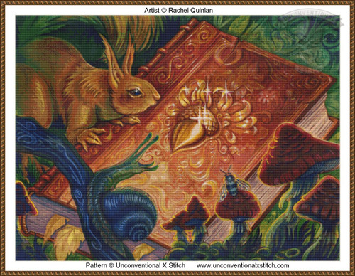 Cross-stitch pattern of a colourful depiction of a woodland scene cantered around an ornate book. In the foreground, a detailed squirrel with vibrant fur is seen perched on a branch, peering curiously at the book. The book has a rich, glowing cover with elaborate swirling designs, featuring a large, golden acorn at its centre, radiating light. Surrounding the book are large, whimsical mushrooms with red caps and blue stems. A small, detailed bee is resting on one of the mushrooms. The background consists of lush green foliage, creating a mystical and enchanting atmosphere.