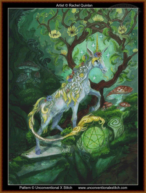 A cross-stitch pattern of a mystical scene cantered on a unicorn standing gracefully on a stone path in an enchanted forest. The unicorn is elegantly depicted with a flowing mane and tail in shades of white and gold, accented with flowers. Its horn glistens with a bright golden hue. Surrounding the unicorn, a lush, verdant forest is filled with twisting tree branches and foliage in deep greens. Yellow flowers bloom from the tree beside the unicorn, adding a mystical touch. In the background, faint stars twinkle in a teal sky, enhancing the magical atmosphere. To the right of the unicorn, the ground is adorned with oversized, whimsical mushrooms, and a large, glowing green sphere etched with a pentagram design rests among the foliage. The overall color palette is rich in greens and earth tones, creating a serene and otherworldly environment.