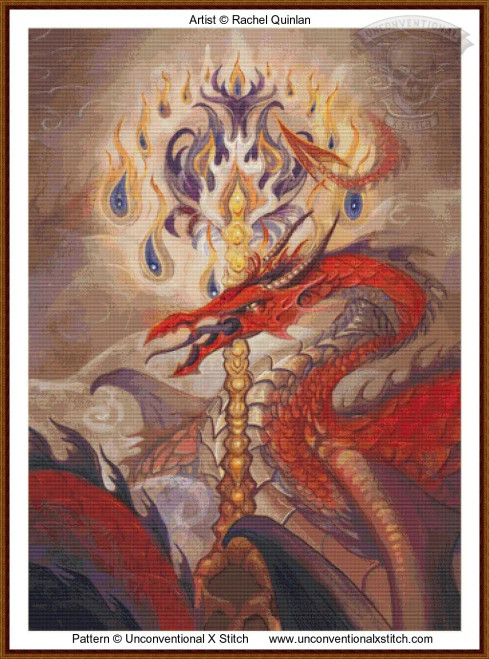 A cross-stitch pattern of a vividly colored dragon with intricate details. The central figure is a red dragon with a prominent, elongated neck covered in scales that transition from red to gold. The dragon's head is adorned with sharp horns and expressive eyes. Surrounding the dragon is a dramatic background featuring swirling patterns and flame-like shapes in shades of orange, blue, and purple. The composition conveys a sense of movement and intensity, with the flames adding a dynamic element.