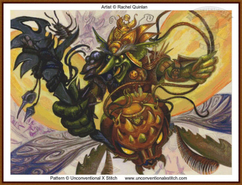 Cross-stitch pattern of a goblin that features a beetle steed pumpkin-like face with glowing yellow eyes and an exaggerated grin. The arms are elongated and exaggerated, with leafy, textured extensions. The background is a swirl of warm colors, predominantly yellow and orange, suggesting a swirling motion. The creature is adorned with elaborate decorations, including a crown-like structure on its head, and a delicate, wing-like structure below. The composition has an animated and dynamic feel, with various swirls and intricate patterns in the backdrop enhancing the fantastical theme.