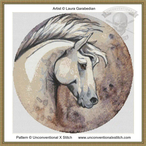 a cross-stitch pattern of a horse's head within a circular frame. The horse is predominantly depicted in shades of grey and white, with intricate details highlighting its textured mane flowing to the left. The background is a mix of muted browns and beiges, giving it a speckled appearance. The horse's expression appears calm, with its eyes and ears carefully crafted to add lifelike detail. The overall composition is centred and focused on the horse's profile, creating a harmonious blend of colors and forms.