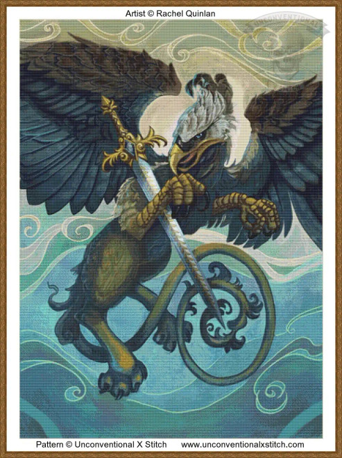 A cross-stitch of a majestic gryphon, a mythical creature with the body of a lion and the head and wings of an eagle. The gryphon is poised with its wings outstretched, showcasing the intricate detailing of the feathers in shades of deep blue and black. Its lion-like hindquarters are muscular, with a rich brown tone. The gryphon holds a large ornate sword with its talons, featuring a gold hilt with elaborate designs. The background consists of swirling patterns and shades of pale blue and beige, giving a sense of movement and depth. The composition conveys a powerful and mythical essence.