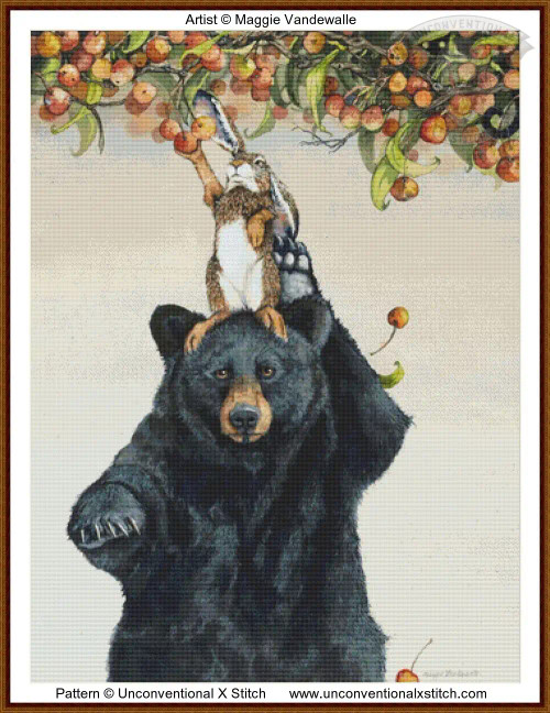 A cross-stitch pattern of a black bear standing upright. The bear is lifting a rabbit on its head, which is reaching for an apple hanging from a tree branch above. The bear’s fur is dark with a textured appearance, and its face shows a calm expression. The rabbit is positioned vertically with its paw extended towards the fruit, demonstrating a sense of motion. Above them, branches are filled with clusters of red and orange apples, and green leaves. The background is a neutral, soft beige, which emphasizes the central figures. The overall composition is vertically oriented, focusing on the interaction between the bear, the rabbit, and the tree. Though if you look close enough, you will see a black cat hiding in the leaves.  A cross-stitch pattern of a black bear standing upright. The bear is lifting a rabbit on its head, which is reaching for an apple hanging from a tree branch above. The bear’s fur is dark with a textured appearance, and its face shows a calm expression. The rabbit is positioned vertically with its paw extended towards the fruit, demonstrating a sense of motion. Above them, branches are filled with clusters of red and orange apples, and green leaves. The background is a neutral, soft beige, which emphasizes the central figures. The overall composition is vertically oriented, focusing on the interaction between the bear, the rabbit, and the tree. Though if you look close enough, you will see a black cat hiding in the leaves.