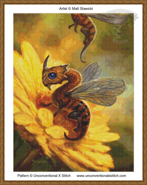 Cross-stitch pattern of a fantastical bee dragon, perched on a vibrant yellow flower. The creature has a dragon-like head with a prominent blue eye and small horns. Its body is striped in shades of brown, similar to a bee's, and it has delicate, translucent wings. The background is a blend of soft green and brown hues, which provides a natural setting. Above, a similar creature is partially visible. 