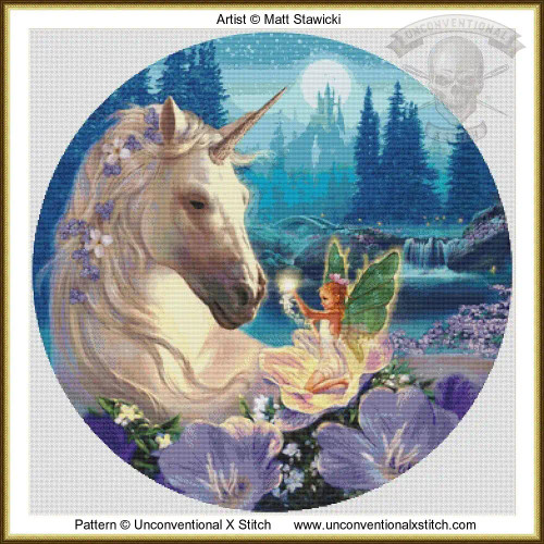A fantasy cross stitch pattern featuring a mythical unicorn and a fairy amidst a dreamy, mystical landscape. The unicorn, positioned on the left, has a glowing white mane adorned with small purple flowers. Its large, gentle eye and golden horn are prominent features. Beside the unicorn sits a small fairy with light orange hair, green translucent wings, and a glowing wand. She is perched on a large, purple flower, gazing affectionately at the unicorn. In the background, there's an enchanting scene with a castle silhouette and evergreen trees. A waterfall cascades into a serene body of water, bordered by vibrant flora.