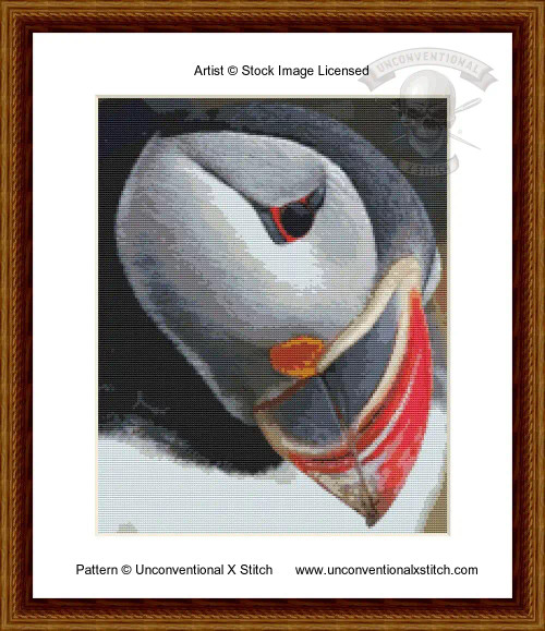 cross stitch pattern of a puffin