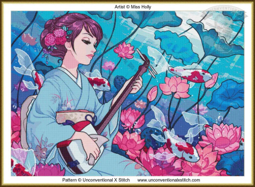 Cross stitch pattern of a woman in a traditional Japanese setting. She is wearing a light blue kimono decorated with floral patterns and holds a shamisen, a traditional three-stringed instrument. Her hair is styled in an elaborate updo adorned with bright pink flowers. The background is vibrant with large, blue-hued lotus leaves and blooming pink lotus flowers. Koi fish, with white and red markings, swim amidst the blossoms, creating a sense of tranquillity. The overall color palette is a mix of blues, pinks, and purples, with intricate details throughout the composition.