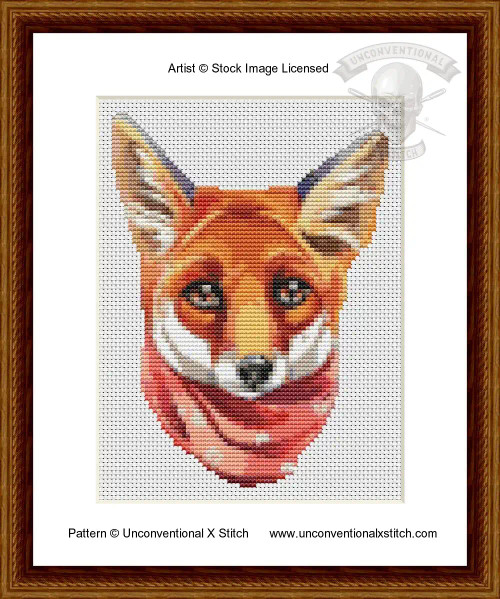  cross stitch pattern of a fox in a polka dot scarf