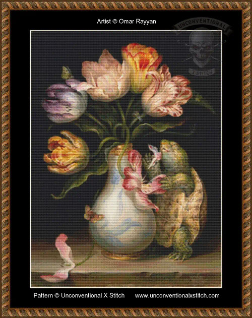 Cross stitch pattern of a still life featuring a bouquet of tulips in a vase, with a turtle positioned beside it. The tulips display a variety of colors, including shades of purple, pink, and yellow, with the petals appearing voluminous and textured. The vase is white with blue swirls and is elegantly shaped, lending a classic look to the composition. A turtle, with a detailed textured shell, is poised beside the vase, appearing to reach toward the flowers. Some petals and leaves are scattered on the surface where the vase rests.