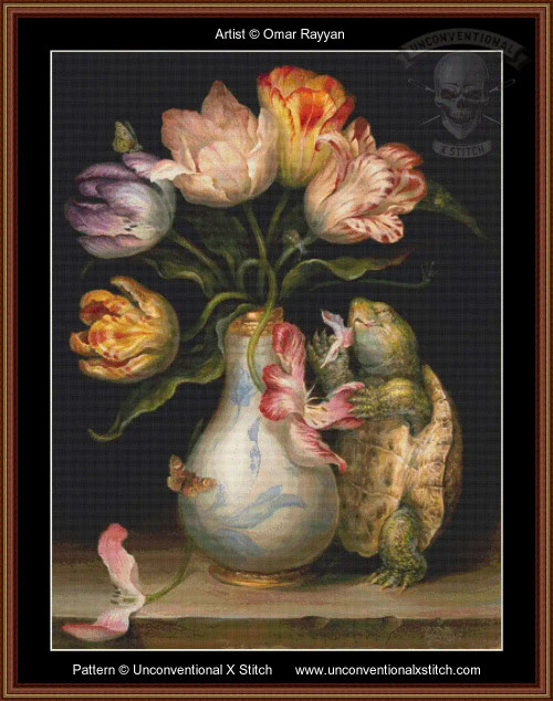 Cross stitch pattern of a still life featuring a bouquet of tulips in a vase, with a turtle positioned beside it. The tulips display a variety of colors, including shades of purple, pink, and yellow, with the petals appearing voluminous and textured. The vase is white with blue swirls and is elegantly shaped, lending a classic look to the composition. A turtle, with a detailed textured shell, is poised beside the vase, appearing to reach toward the flowers. Some petals and leaves are scattered on the surface where the vase rests.
