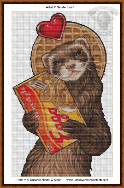 Cross-stitch art of a ferret holding an Eggo waffle box with a waffle and heart behind it