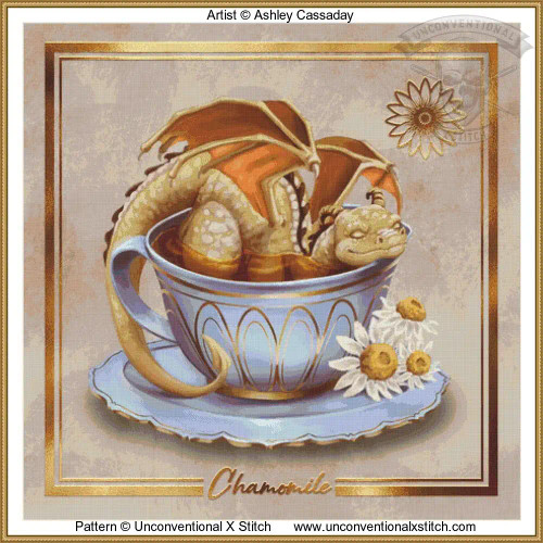 cross stitch pattern of a chamomile dragon resting in a blue teacup with chamomile flowers nearby