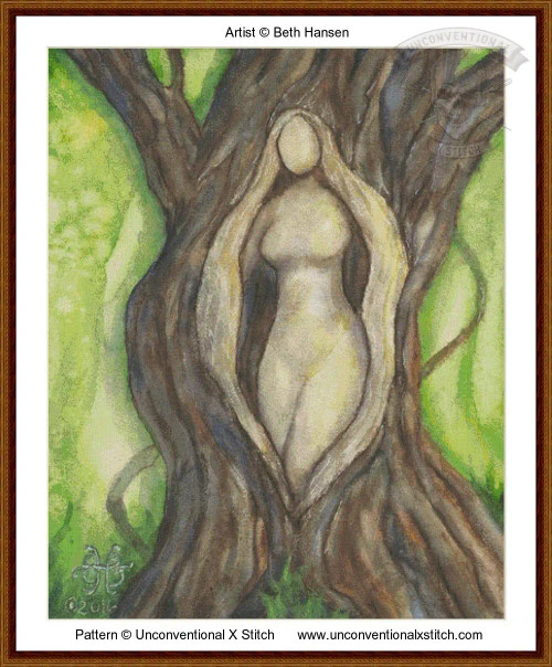 cross stitch pattern of an abstract human figure in a tree trunk with green foliage background