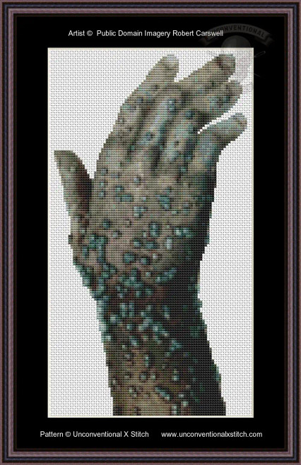  cross stitch pattern of a hand with blue green pustules as a scientific representation of smallpox