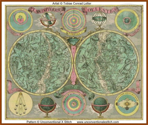 cross stitch pattern of an antique celestial map with two large hemispheres and decorative features by Tobias Conrad Lotter