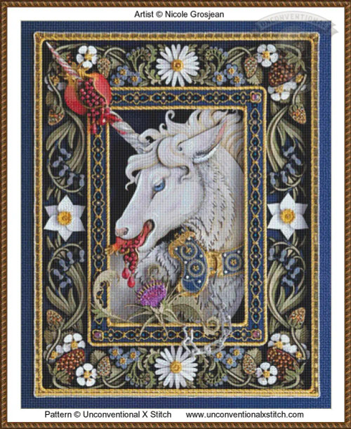 cross stitch pattern in the style of medieval tapestry featuring a unicorn flowers fruits and a chain