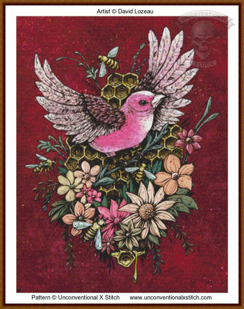 cross-stitch pattern of a pink bird among flowers and honeycomb with honey bees flying around set on a red background