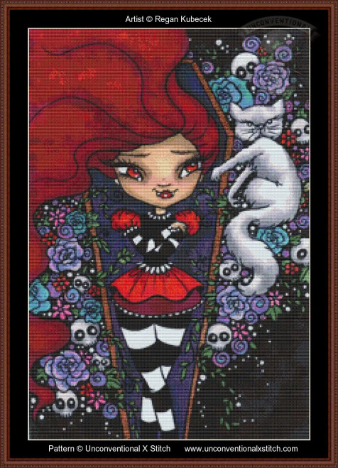 cross stitch pattern of a red headed vampire girl laying with her white cat in the flowers on a dark background