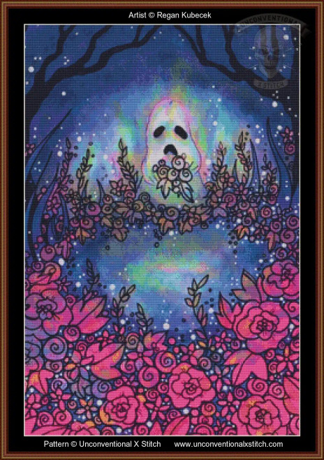 Cross stitch pattern featuring a spectral figure in a colourful, starry landscape. At the centre is a ghostly white form with black eye sockets and an open mouth, surrounded by a vivid halo of blues, greens, and pinks, suggesting an ethereal glow. The background is a deep blue night sky filled with stars. Surrounding the spectral figure is an intricate array of flowers in shades of pink and purple. Stylized branches and foliage weave around the edges, creating a sense of enclosure and depth. The image has a pointillist texture, giving it a detailed and textured appearance.